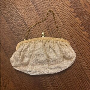 Vintage Cream Brocade Clutch with Gold Chain